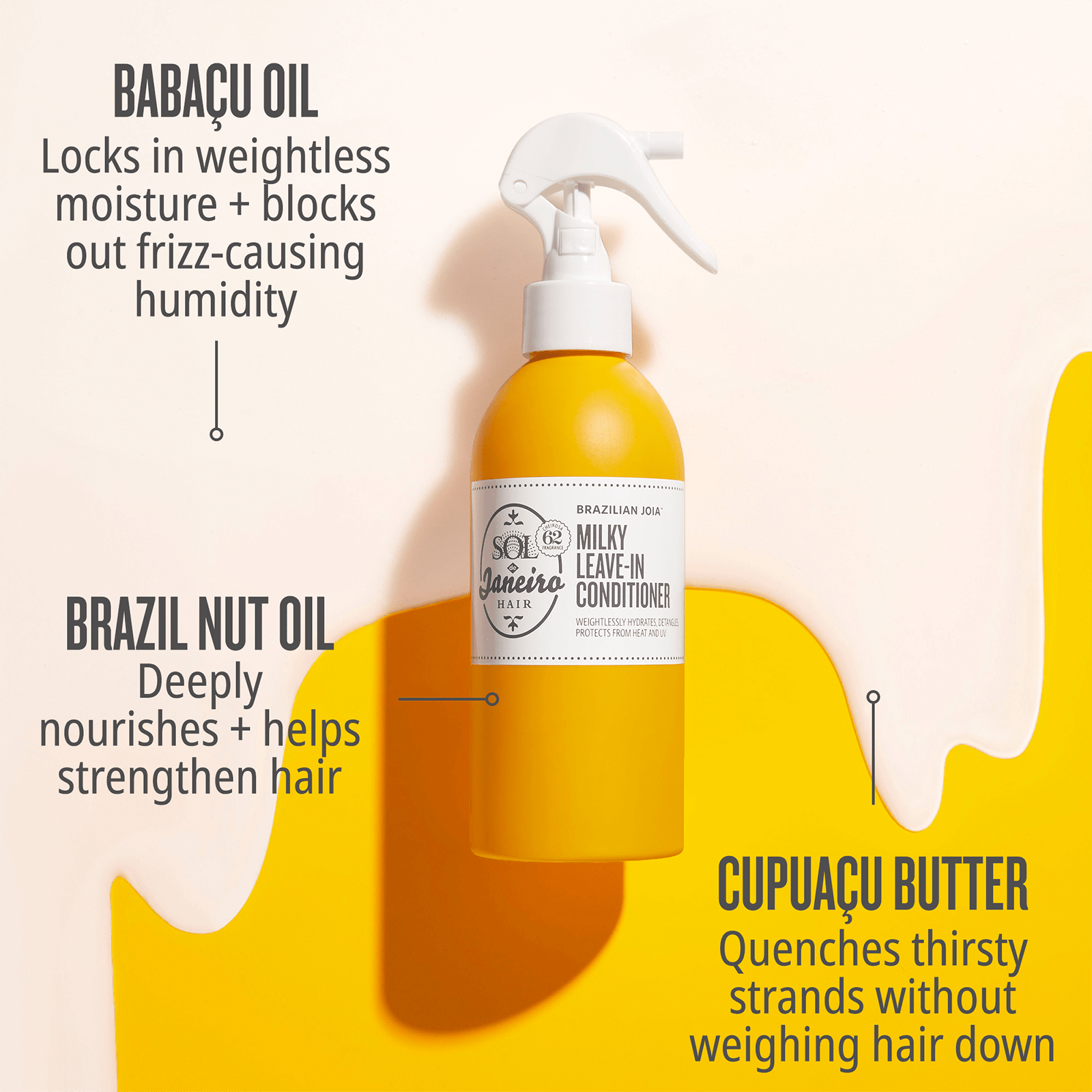 Babacu oil locks in weightless moisture + blocks out frizz-causing humidity. Brazil nut oil - deeply nourishes + helps strengthen hair. Cupuacu butter - quenches thirsty strands without weighing hair down
