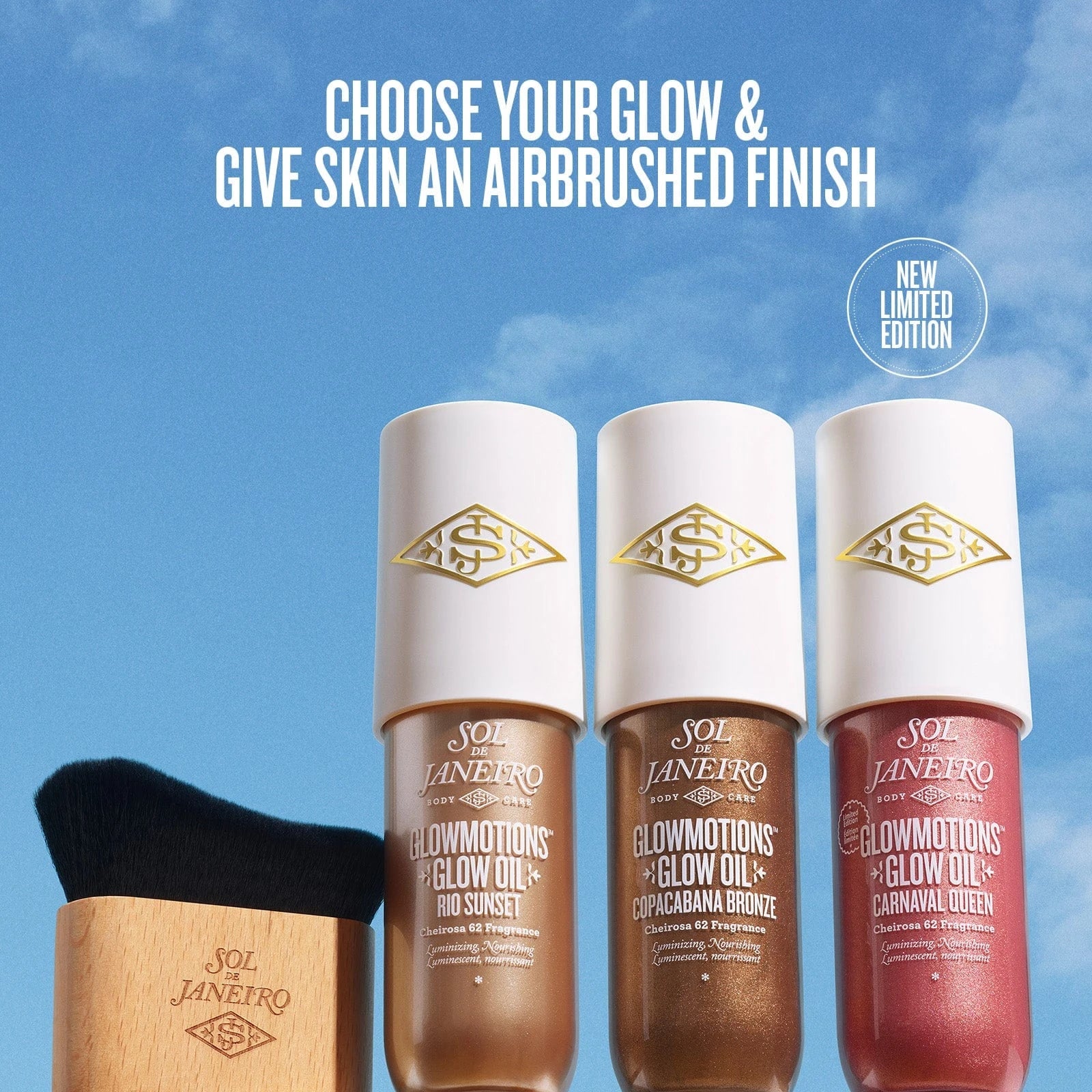 Text on image reads choose your glow & give skin an airbrushed finish. The image shows sol de janeiro glowmotions rio sunset, copacabana bronze and carnaval queen shade with the glowmotions limited edition brush