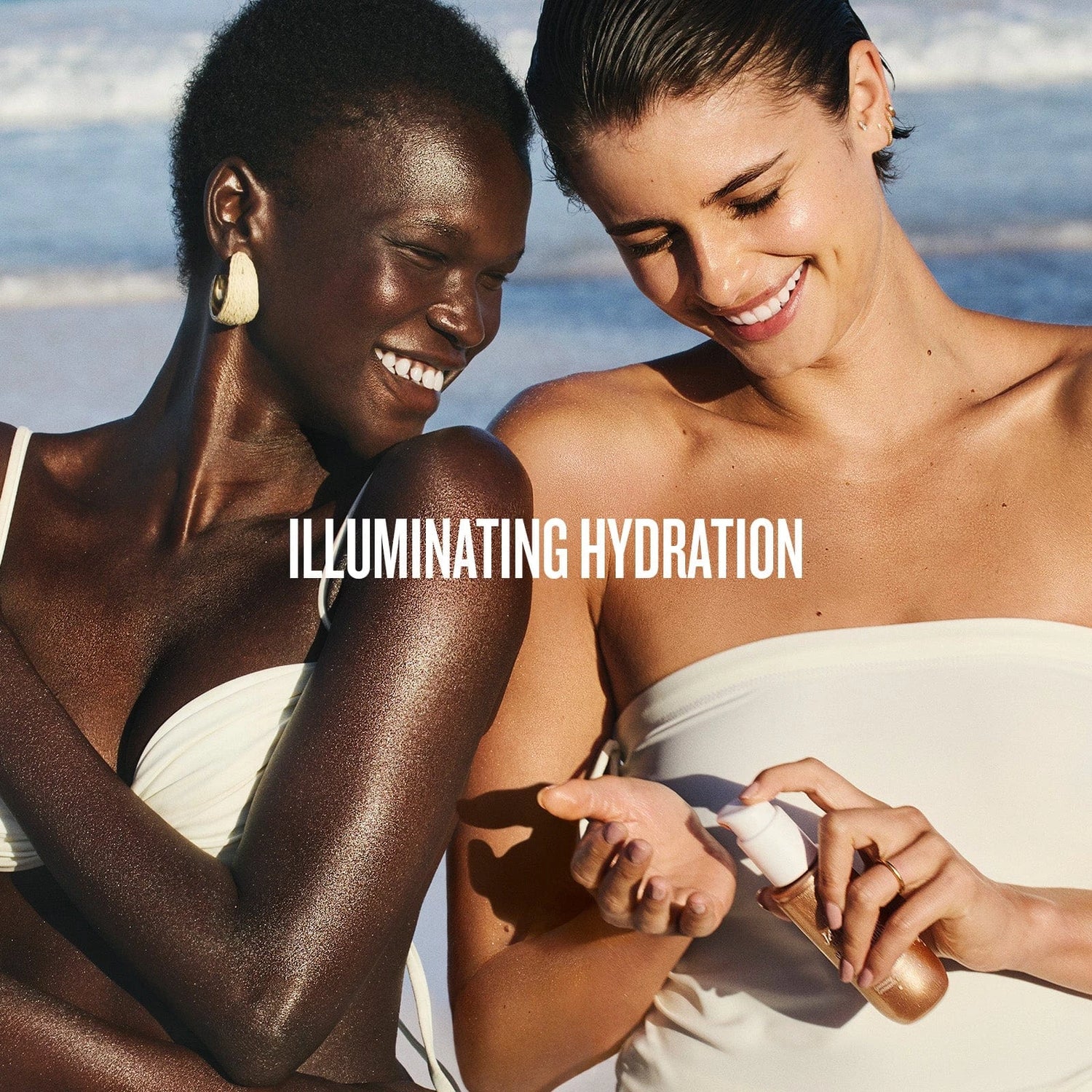 Text on image reads &quot;illuminating hydration&quot; with models on the beach putting on rio sunset glowmotions shade